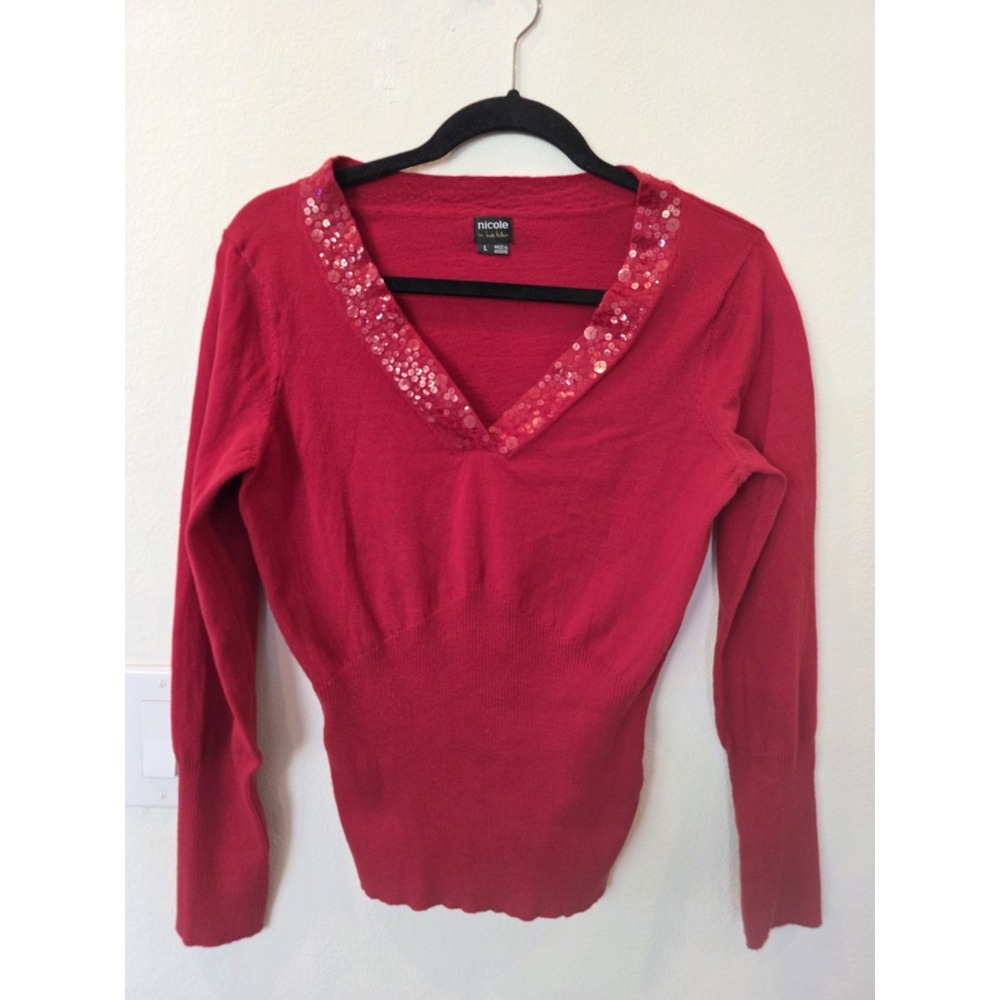 Nicole Miller Red Deep V Neck Sweater Sz L Defined Waist Sequin Neck Party Date